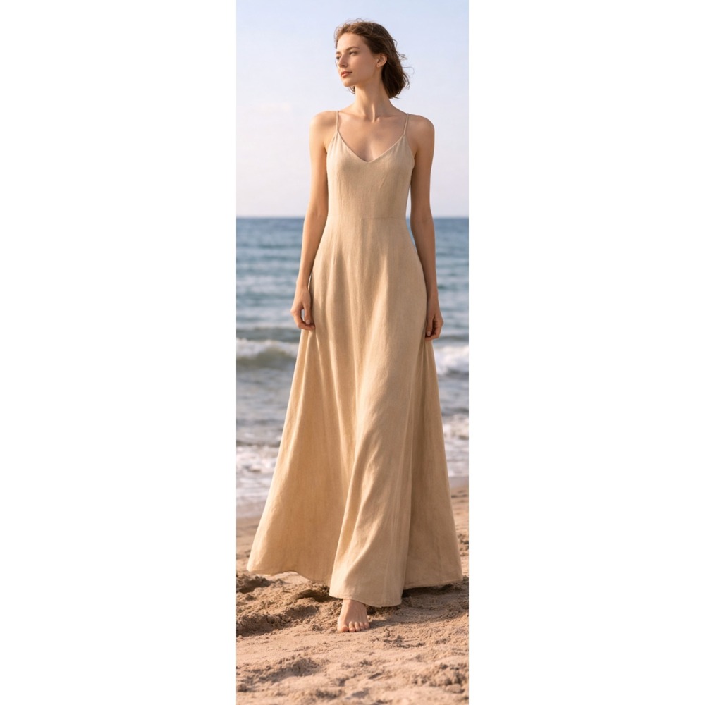 NWT Nicole Miller Beige Racerback Maxi Dress‎ Women's L Casual Resort Pockets
